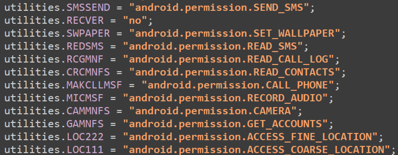 Code snippet defining Android permissions